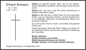 Traueranzeige von Erhard Schwarz von Siegener Zeitung