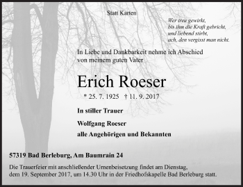 Traueranzeige von Erich Roeser von Siegener Zeitung