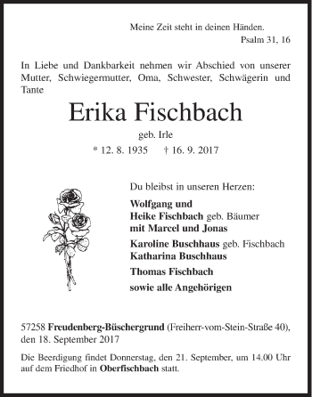 Traueranzeige von Erika Fischbach von Siegener Zeitung