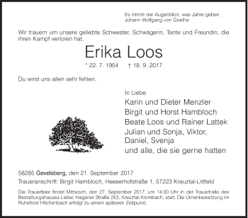 Traueranzeige von Erika Loos von Siegener Zeitung