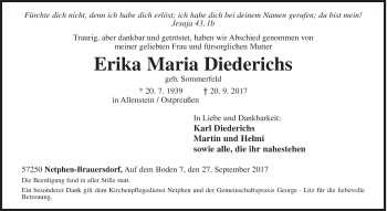 Traueranzeige von Erika Maria Diederichs von Siegener Zeitung