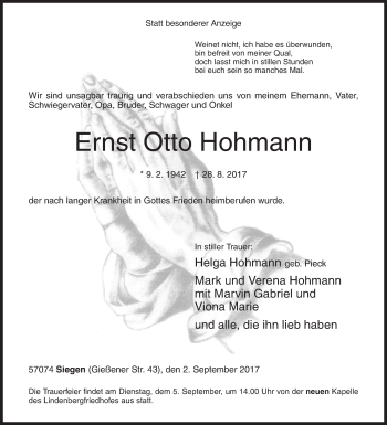 Traueranzeige von Ernst Otto Hohmann von Siegener Zeitung