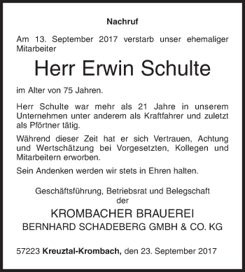 Traueranzeige von Erwin Schulte von Siegener Zeitung