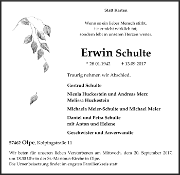 Traueranzeige von Erwin Schulte von Siegener Zeitung