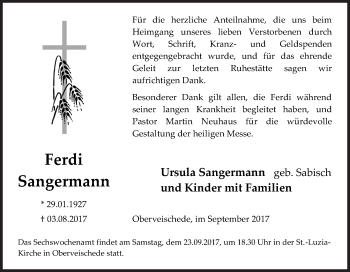 Traueranzeige von Ferdi Sangermann von Siegener Zeitung
