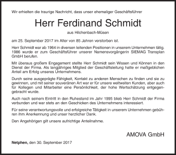 Traueranzeige von Ferdinand Schmidt von Siegener Zeitung