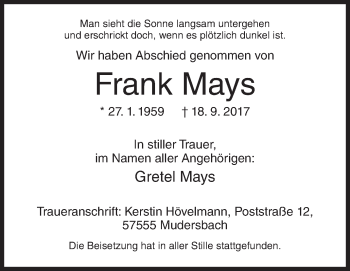 Traueranzeige von Frank Mays von Siegener Zeitung