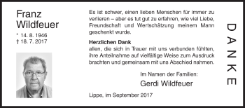 Traueranzeige von Franz Wildfeuer von Siegener Zeitung