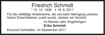 Traueranzeige von Friedrich Schmidt von Siegener Zeitung