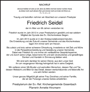 Traueranzeige von Friedrich Seidel von Siegener Zeitung