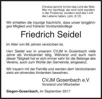 Traueranzeige von Friedrich Seidel von Siegener Zeitung