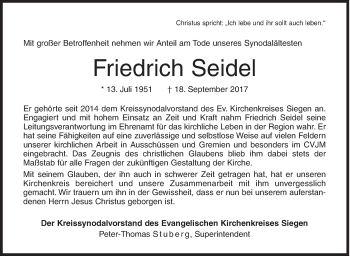 Traueranzeige von Friedrich Seidel von Siegener Zeitung