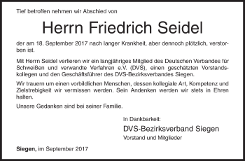 Traueranzeige von Friedrich Seidel von Siegener Zeitung