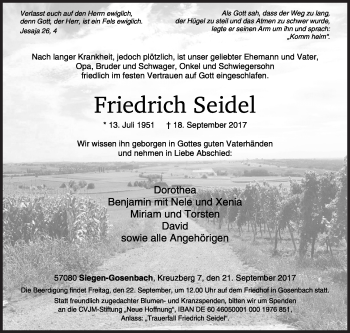 Traueranzeige von Friedrich Seidel von Siegener Zeitung