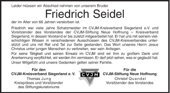 Traueranzeige von Friedrich Seidel von Siegener Zeitung