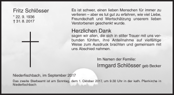 Traueranzeige von Fritz Schlösser von Siegener Zeitung