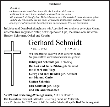 Traueranzeige von Gerhard Schmidt von Siegener Zeitung