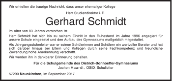 Traueranzeige von Gerhard Schmidt von Siegener Zeitung