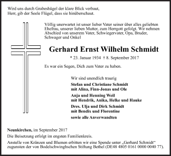 Traueranzeige von Gerhard Ernst Wilhelm Schmidt von Siegener Zeitung