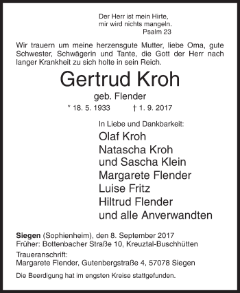 Traueranzeige von Gertrud Kroh von Siegener Zeitung