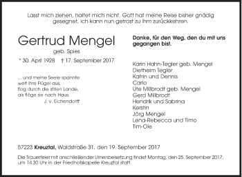 Traueranzeige von Gertrud Mengel von Siegener Zeitung