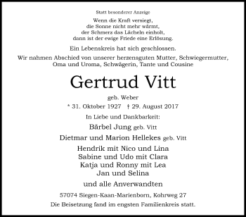 Traueranzeige von Gertrud Vitt von Siegener Zeitung