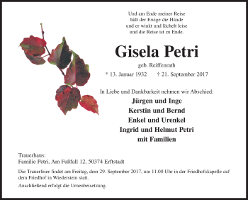 Traueranzeige von Gisela Petri von Siegener Zeitung