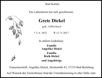Traueranzeige von Grete Dickel von Siegener Zeitung