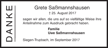Traueranzeige von Grete Saßmannshausen von Siegener Zeitung