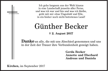 Traueranzeige von Günther Becker von Siegener Zeitung
