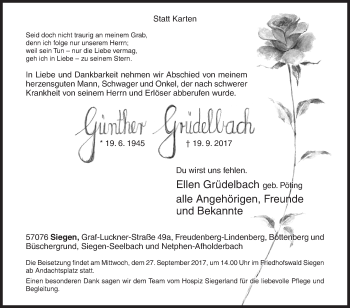 Traueranzeige von Günther Grüdelbach von Siegener Zeitung
