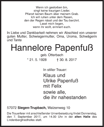 Traueranzeige von Hannelore Papenfuß von Siegener Zeitung