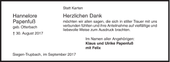 Traueranzeige von Hannelore Papenfuß von Siegener Zeitung