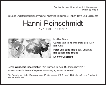 Traueranzeige von Hanni Reinschmidt von Siegener Zeitung