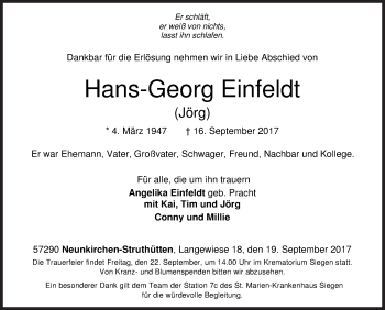 Traueranzeige von Hans-Georg Einfeldt von Siegener Zeitung