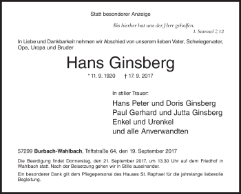 Traueranzeige von Hans Ginsberg von Siegener Zeitung