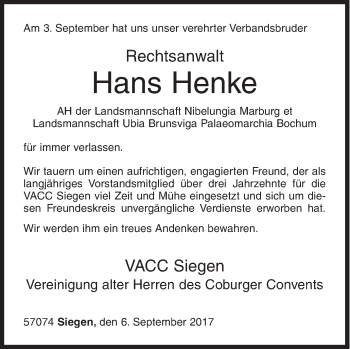 Traueranzeige von Hans Henke von Siegener Zeitung