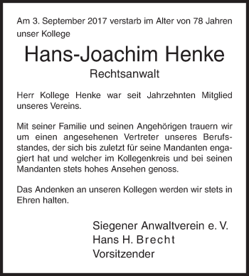 Traueranzeige von Hans-Joachim Henke von Siegener Zeitung