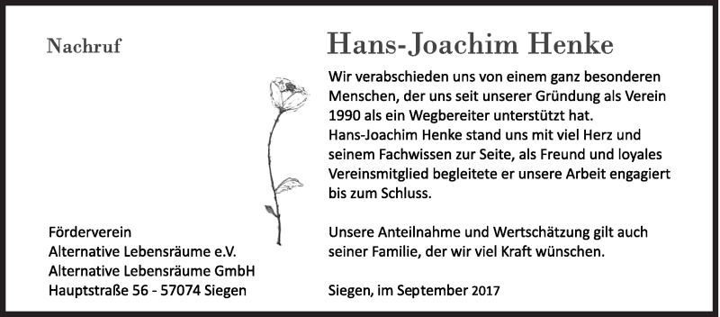  Traueranzeige für Hans-Joachim Henke vom 09.09.2017 aus Siegener Zeitung