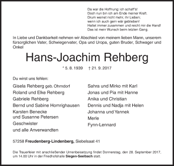 Traueranzeige von Hans-Joachim Rehberg von Siegener Zeitung