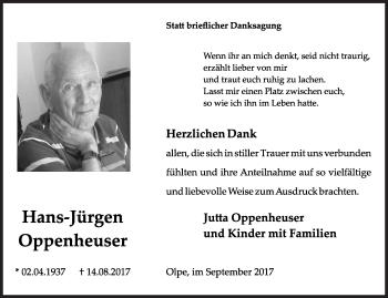 Traueranzeige von Hans-Jürgen Oppenheuser von Siegener Zeitung