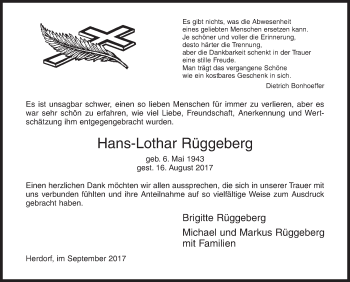 Traueranzeige von Hans-Lothar Rüggeberg von Siegener Zeitung