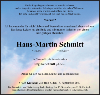 Traueranzeige von Hans-Martin Schmitt von Siegener Zeitung