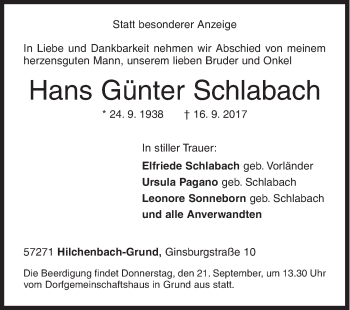 Traueranzeige von Hans Günter Schlabach von Siegener Zeitung