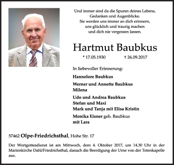 Traueranzeige von Hartmut Baubkus von Siegener Zeitung