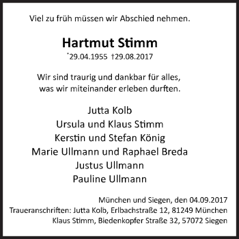 Traueranzeige von Hartmut Stimm von Siegener Zeitung