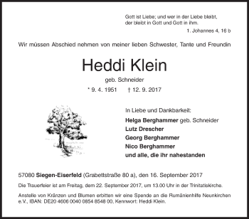 Traueranzeige von Heddi Klein von Siegener Zeitung