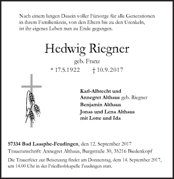 Traueranzeige von Hedwig Riegner von Siegener Zeitung