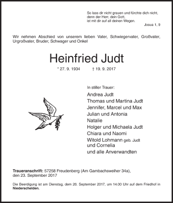 Traueranzeige von Heinfried Judt von Siegener Zeitung