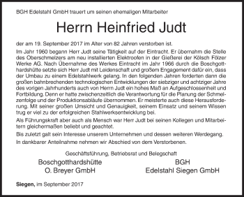 Traueranzeige von Heinfried Judt von Siegener Zeitung